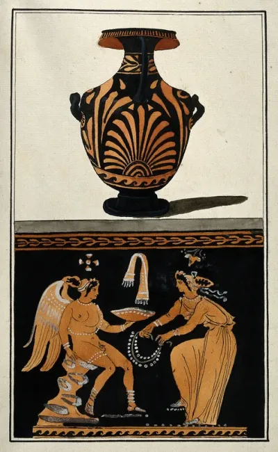Above, a Greek red-figured water-jar (hydria); below, detail of the decoration showing a woman offering jewellery to a winged seated figure