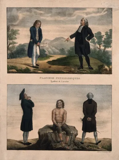 (Above) A man receiving a command from another, showing postures of timidity and arrogance; (below) a prisoner sits manacled while one gentleman prays and another waits with a sword, showing postures of prayer, desire for liberty, and fatuity