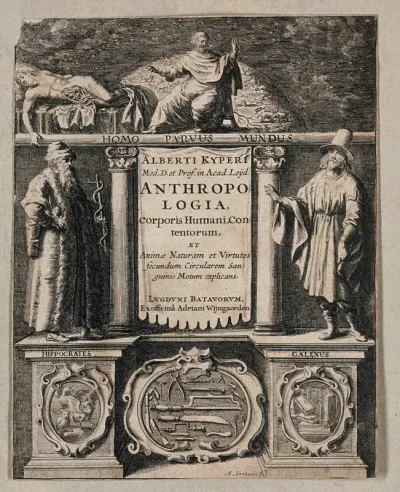 Above, a man studying the entrails of a cadaver as the microcosm, with the macrocosm behind; below, Hippocrates, holding the staff of Aesculapius, and Galen; bottom, instruments for anatomy and surgery