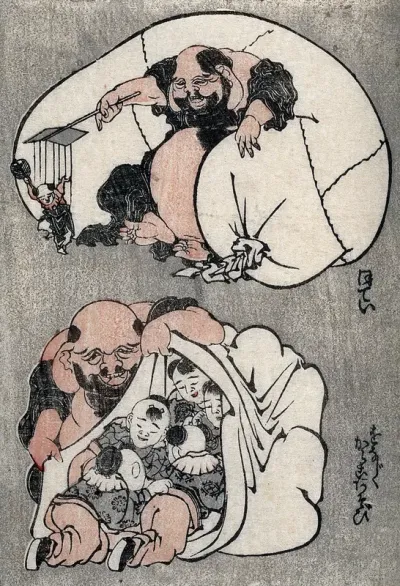 Above, a man with a closed sack operates a string puppet; below, the man opens the sack to reveal children inside