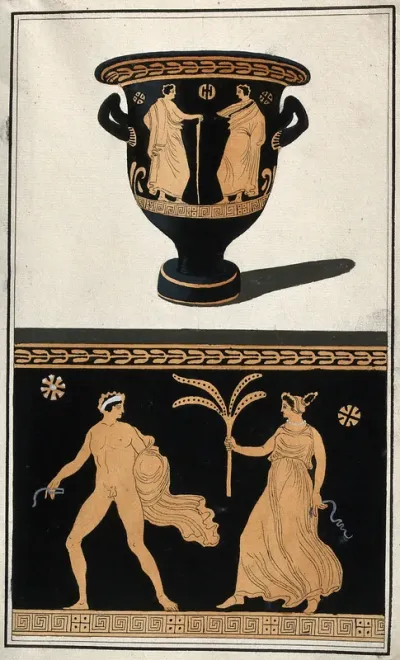 Above, a red-figured Greek wine bowl (krater); below, detail of the decoration showing a naked man and a woman holding a plant