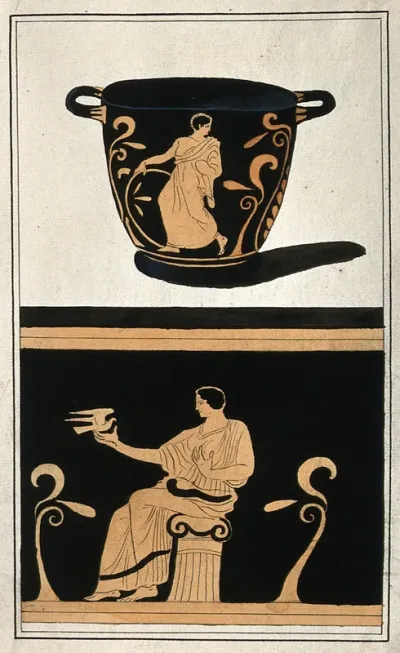 Above, a red-figured Greek wine bowl (krater); below, detail of the decoration showing a seated man holding a dove