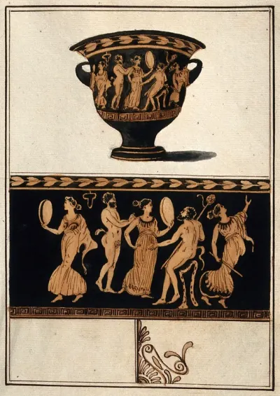 Above, a red-figured Greek wine bowl (krater); below, detail of the decoration showing women dancing with satyrs (during a bacchanal?)