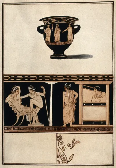 Above, a red-figured wine bowl (krater); below, decorative detail including an erotic (?) scene between two men