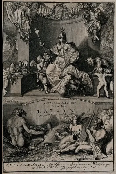 Above, a seated woman representing Latium (Lazio) or Rome; below, a triton, a river god and a winged woman, representing the Tiber