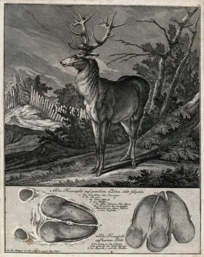 Above, a stag coming out of the forest on to a clearing, below, its hoof prints in soft and hard ground