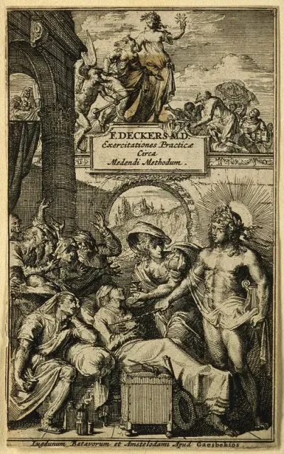 Above, a woman personifying health addresses Death; below, Apollo, attended by an agitated crowd of patients, heals a sick man; representing the medical writings of Frederik Dekkers