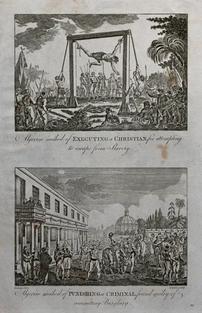 Above, Algerians executing a Christian slave for attempting to escape by suspending him on hooks through hands and feet in a wooden frame; below, Algerians torturing a burglar by cutting off his hand, hanging it around his neck and tying him on a bul