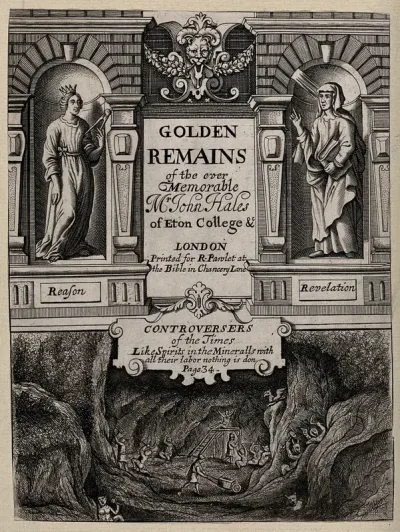 Above, allegorical figures of Reason and Revelation, standing in niches; below, men and devils digging in a saltmine