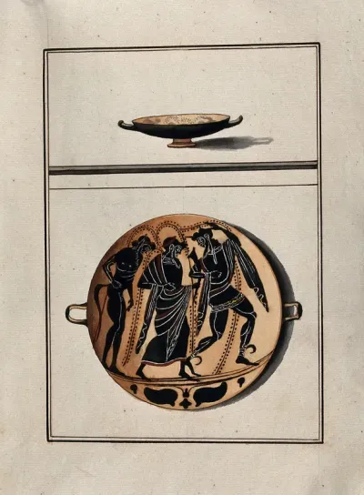 Above, black-figured Greek cup (kylix); below, detail of the decoration showing two men (Dionysos in the centre ?) and a satyr