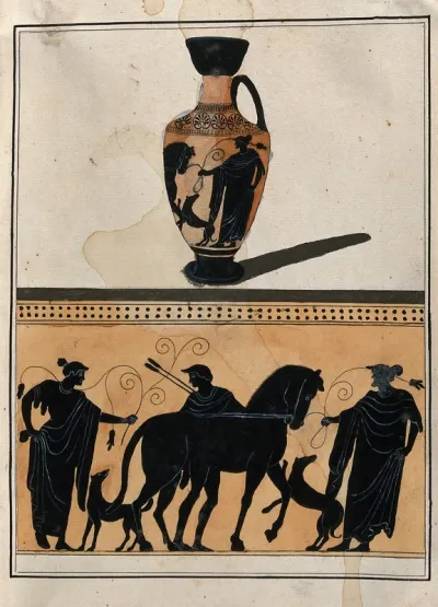 Above, black-figured Greek perfume bottle (lekythos); below, detail of the decoration showing a young man about to ride his horse, with two servants and two dogs