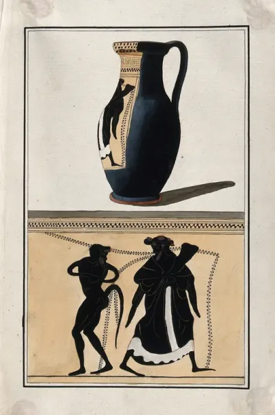 Above, black-figured Greek wine jug (oinochoe); below, detail of decoration showing a man (most probably Dionysus) and a dancing satyr