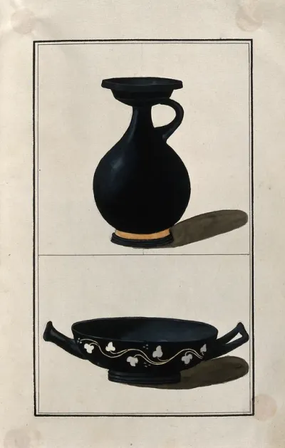 Above, black-ground Greek pouring vessel (lekythos?); below, black-ground Greek cup decorated with stylised vine leaves