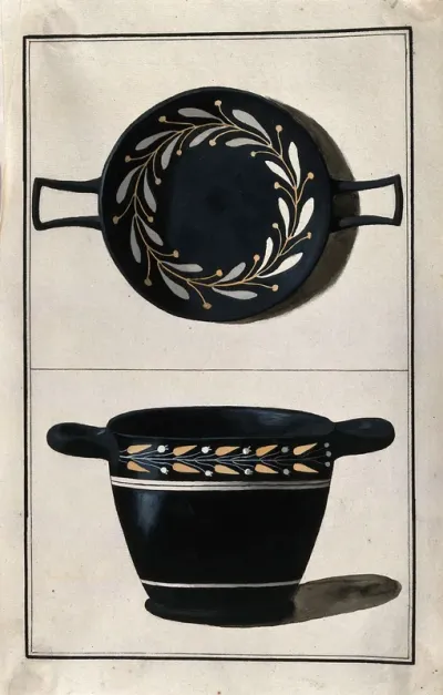 Above, black ground two-handled Greek cup (kylix) decorated with stylised pattern of olive leaves; below, black-ground two-handled Greek cup (skyphos) decorated with stylised lilies of the valley