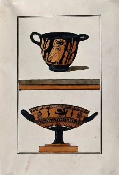 Above, black ground two-handled red-coloured Greek cup (kylix) decorated with an owl; below, black-figured Greek cup with horizontal handles and a narrow stand, decorated with two figures, a sphinx and a pattern of stylised foliage