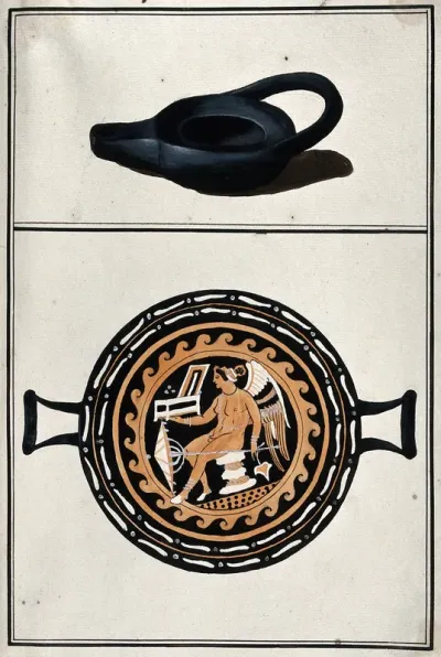 Above, black lamp; below, drinking vessel with two handles, decorated with a winged figure holding an open box and an umbrella