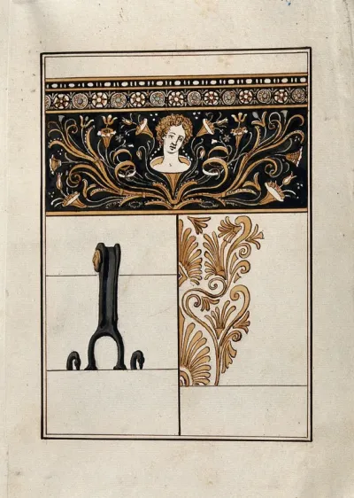 Above, detail of the decoration on the neck of the red-figured volute-krater also called "the Hamilton Vase", showing a female head emerging from an intricate design of scrolls and flowers; below left, detail of a handle; below right, detail of palm 