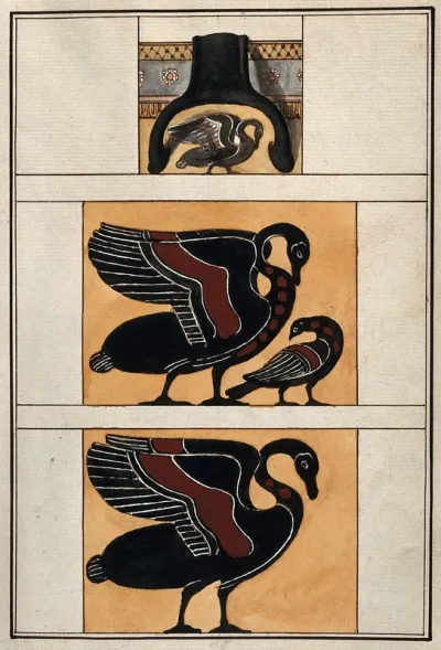 Above, detail of the handle of a black-figured Greek vase; middle, stylised swan and cygnet; below, stylised swan
