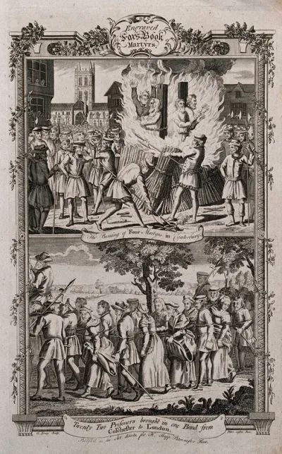 Above, four martyrs are chained to a post and burnt at the stake in Canterbury; below, a procession of twenty-two prisoners tied together and brought from Colchester to London, presumably for trial