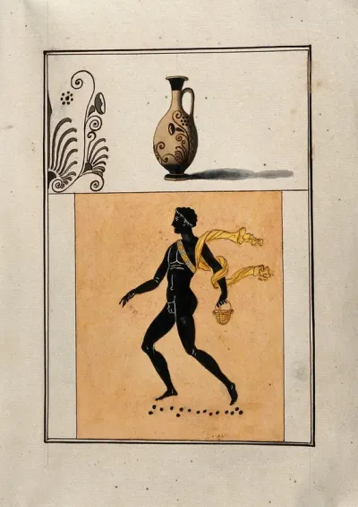 Above, Greek perfume bottle (lekythos) decorated with stylised foliage; below, black-figured naked male, holding a basket
