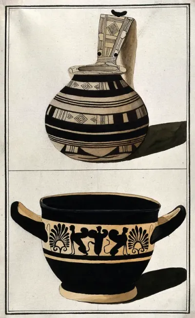 Above, Greek pouring vessel of the geometric period (ca