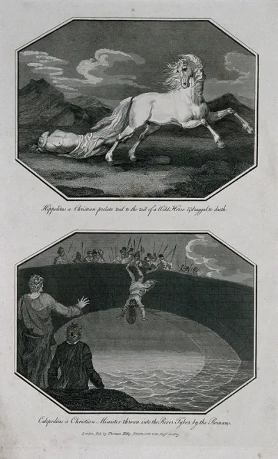 Above, Hippolitus, a Christian prelate is stripped to the waist, tied to the tail of a wild horse and dragged behind it; below, Roman soldiers throwing Calepodius, a Christian minister off a bridge into the Tiber