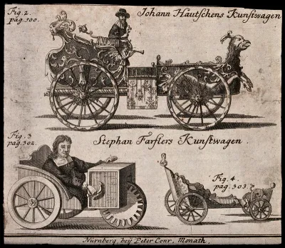 Above, Johann (Hans) Hautsch of Nuremberg driving his horseless carriage said to have been powered by clockwork; below, Stephan Farfler, a disabled clockmaker of Altdorf, with two of the hand-powered cars that he devised and built to convey himself t