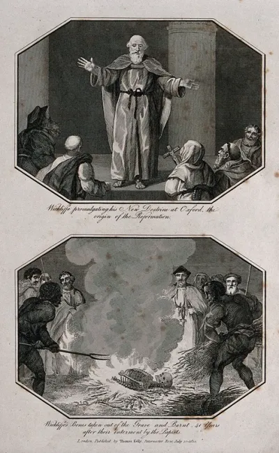 Above, John Wycliffe preaching to a crowd in Oxford; below, the scattering of the ashes of John Wycliffe's bones after his body had been exhumed and his bones burnt 41 years after his death