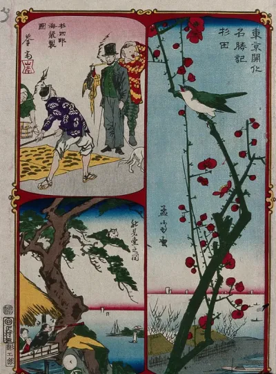 Above left, a man in Western dress observes a Japanese worker; below left, a figure on a balcony views Sugita bay through a telescope; right, a bird perched on a plum blossom branch, with Sugita bay in the background