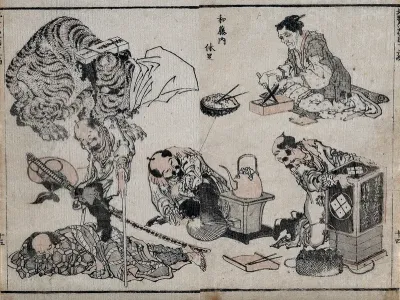 Above left, a tiger (?) restrained with a collar and a cloth over its head; left, a man on crutches steps over a sleeping man; centre, a man fans a stove on which a kettle is placed, watched by a man (right) kneeling by a cabinet (?); above right, an