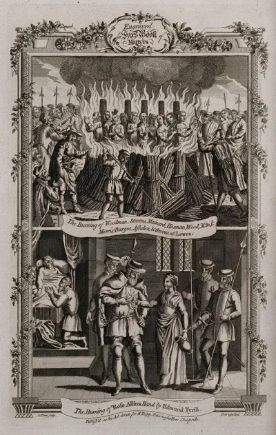 Above, martyrs Woodman, Steves, Mainard, Hosman, Wood, Morris, Burges, Ashdon and Groves are burnt together at the stake in Lewes; below, the hand of Rose Allins is held over a flaming torch by Edmund Tyrill