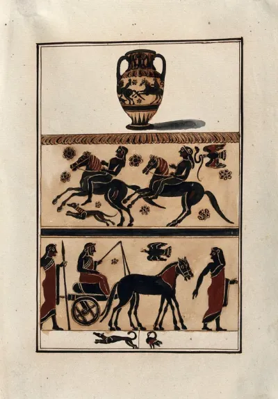 Above, neck-handled black-figured Greek amphora (Corinthian, ca