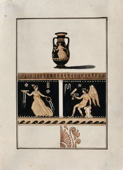 Above, red-figured Greek amphora; below, detail of the decoration showing a woman holding a plate and a seated winged figure holding an open box