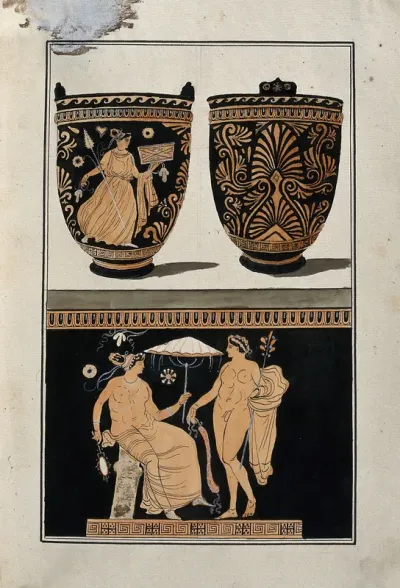 Above, red-figured Greek bowl (situla?) decorated with a palm motif and a woman holding a casket; below, detail of the decoration showing a naked man and a seated woman (Aphrodite?) holding an umbrella and a mirror