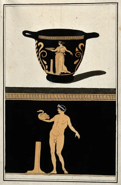 Above, red-figured Greek bowl (skyphos) decorated with a woman holding a dish; below, detail of decoration showing a naked man holding a duck