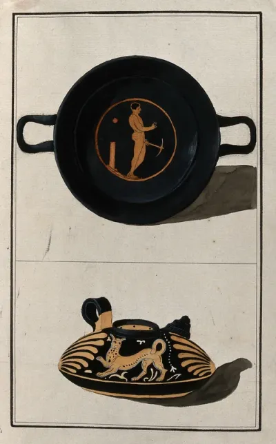 Above, red-figured Greek cup decorated with a naked man; below, red-figured Greek lamp decorated with a stylised leopard and a palm motif