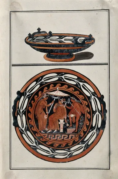 Above, red-figured Greek cup (kylix?); below, detail of decoration showing an outdoor scene: a seated woman is attended by two servants, one is holding a parasol, the other is holding a jug