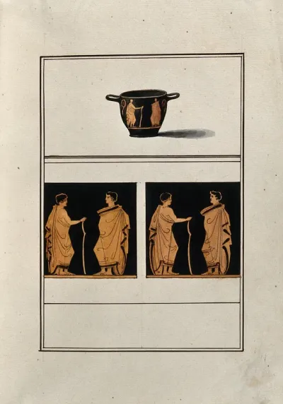 Above, red-figured Greek cup with horizontal handles (skyphos); below, detail of the decoration showing two men facing each other, one of them holding a walking stick