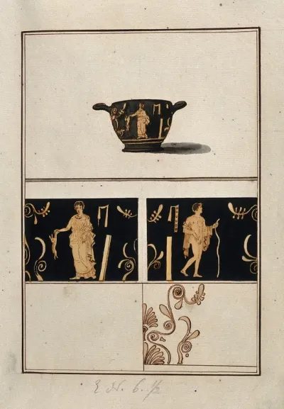 Above, red-figured Greek drinking cup (skyphos); below, detail of the decoration showing a woman holding a rabbit and a naked man with a walking stick