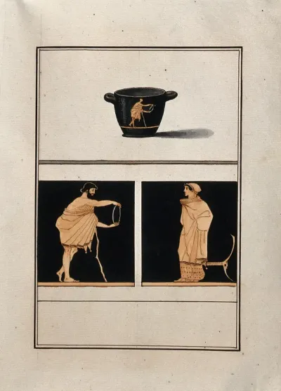 Above, red-figured Greek drinking cup (skyphos) with horizontal handles; below, detail of decoration showing a man holding a hoop and a woman, standing in front of him