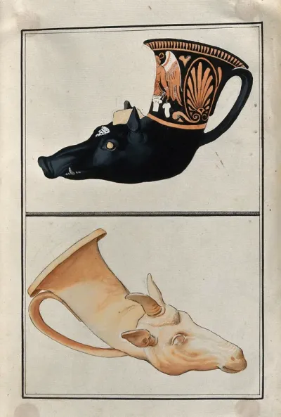 Above, red-figured Greek drinking horn (rhyton) ending in a boar's head; below, Greek drinking-horn ending in a goat's head