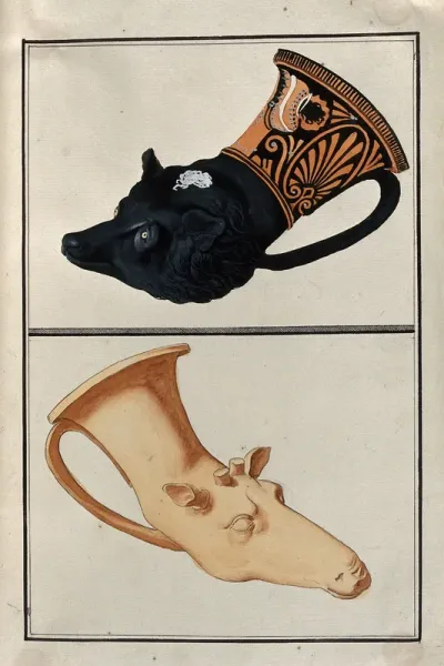 Above, red-figured Greek drinking horn (rhyton) ending in a dog's head; below, Greek drinking-horn ending in a deer's head