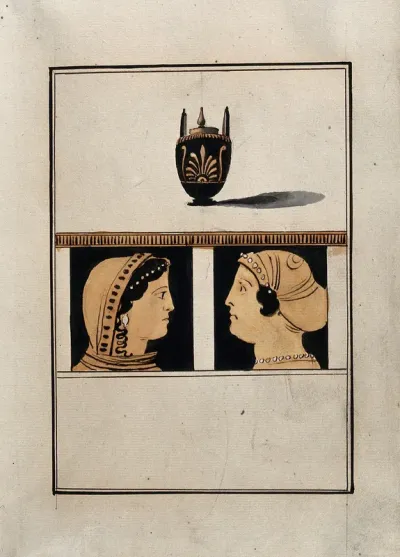 Above, red-figured Greek lidded vessel (lebes gamikos?); below, detail of decoration showing two women in profile (Persephone and Demeter?)