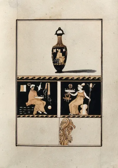 Above, red-figured Greek perfume jar (lekythos); below, detail of the decoration showing two seated women holding various objects