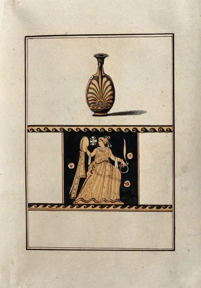 Above, red-figured Greek perfume jar (lekythos) decorated with a palm motif; below, detail of the decoration showing a lavishly dressed woman holding various objects