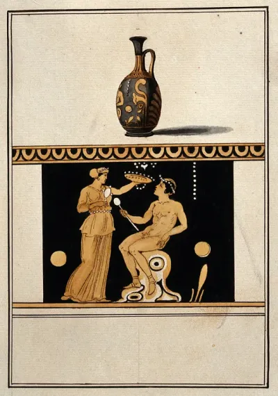 Above, red-figured Greek perfume vessel (lekythos) decorated with figures and a palm motif; below, detail of decoration showing a naked man seated and a woman holding a dish