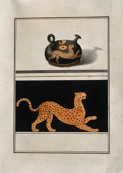 Above, red-figured Greek pouring vessel with a round body and a short spout; below, detail of decoration showing a stylised leopard