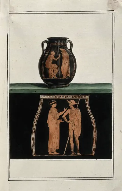 Above, red-figured Greek storage jar (pelike?); below, detail of the decoration showing a woman conversing with a young man wearing a hat