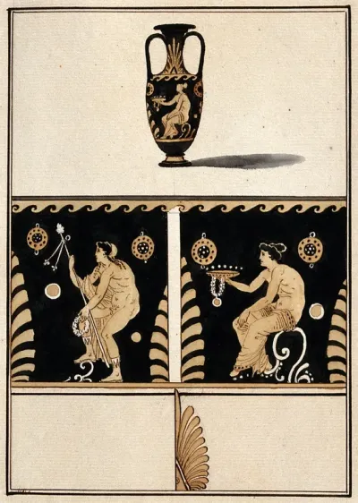 Above, red-figured Greek vessel used for transporting wine (transport amphora); below, detail of decoration showing two seated men, holding a sceptre, a dish a wreaths of flowers