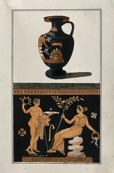 Above, red-figured Greek water jar (hydria); below, detail of decoration showing a seated woman holding a leafy branch and a naked youth holding a plate